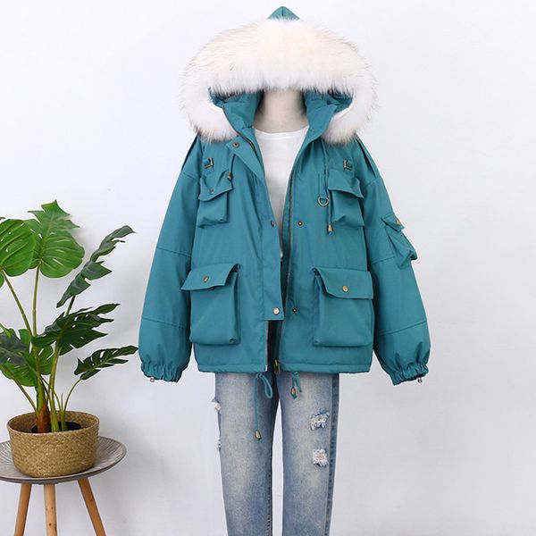 

2021 new winter women big natural fur white duck down parka jacket female casual safari style outerwear g6va, Black