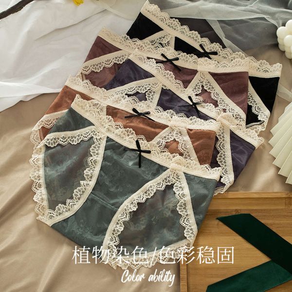 

summer thin underwear women's lace cotton medium low waist breathable mesh girls' briefs, Black;pink