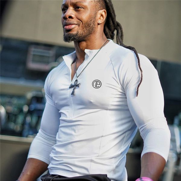 

2021 new gyms fitness bodybuilding fashion slim cotton shirt men's long-sleeved sports casual t-shirt 8m76, White;black