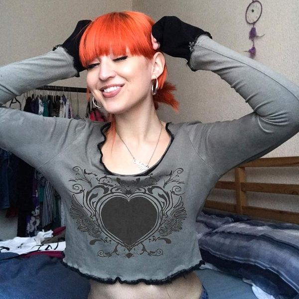 

women's t-shirt printed y2k t shirt grunge fairycore crop contrast long sleeve pullovers frill kawaii gray autumn tee women cute, White