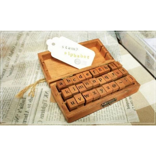 

fast shipping wholesale creative lowercase uppercase alphabet wood rubber stamps set with wooden box 50sets/lot wholesale
