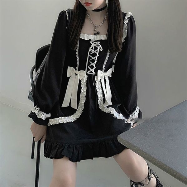 

japanese lolita gothic dress girl patchwork vintage designer mini dress japan style kawaii clothes fall dresses for women 210309, Black;gray
