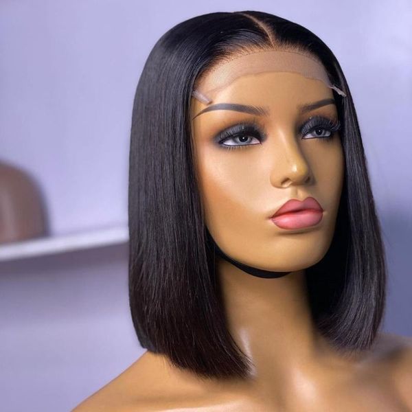 

lace wigs straight bob wig human hair front 4x4 closure short brazillian aleesa 180% for women pre plucked fashion restyle, Black;brown