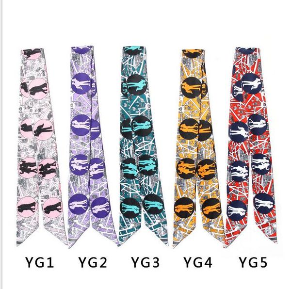 

five styles fashion 2021 fashion women silk hair headband lady scarf small ribbon printed silk scarves100%excelent silk tie scarf 100*6cm, Blue;gray