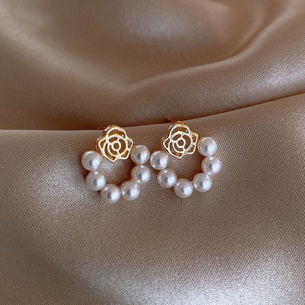 

stud 2021 elegant metal rose petal pearl ring pendant earrings for woman fashion jewelry christmas party girl's unusual, Golden;silver