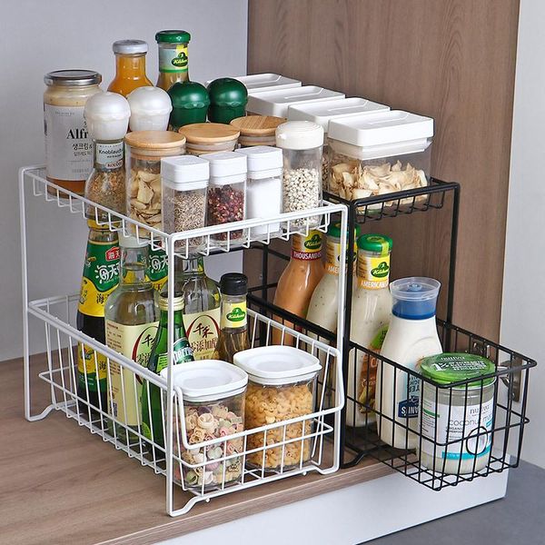

hooks & rails 2 tiers metal kitchen storage rack spices bottle jar organizer shelf under sink cabinet drawer bathroom accessories