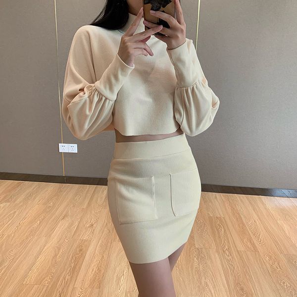 

2021 new autumn two piece set women fashion turtleneck long batwing sleeve crop khaki short skirt suit lady casual outfits k9u3, White
