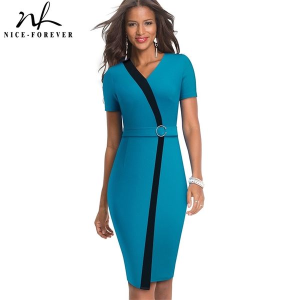 

nice-forever elegant contrast color patchwork with ring work vestidos office business party bodycon sheath women dress b539 210309, Black;gray