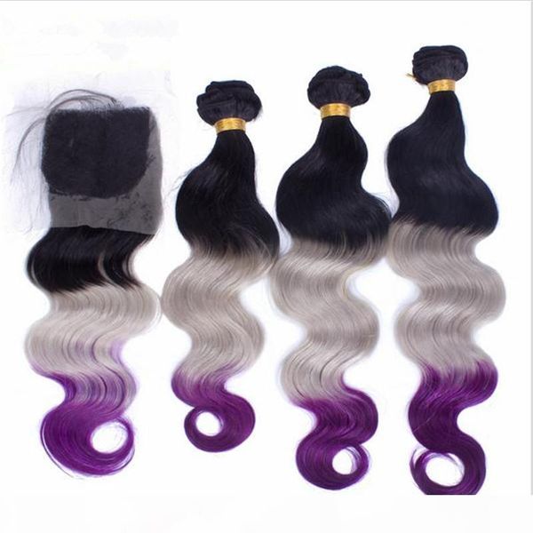 

#1b grey purple ombre brazilian virgin human hair bundles with 4x4 lace closure body wave three tone ombre hair weft extensions with closure, Black;brown