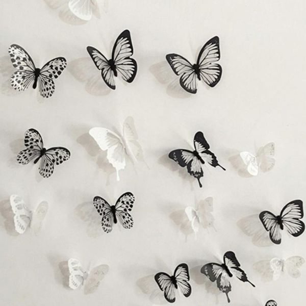 Adesivos de parede 18 pcs preto branco 3d cristal borboleta adesivo casamento decoração borboletas arte decalques de arte sala de estar quarto decoração