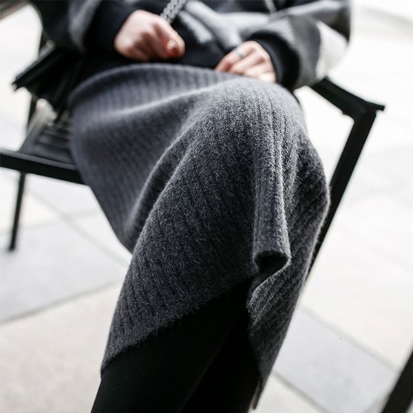 

knitted half 2021 winter korean version thickened medium length high waist split one-step skirt hip wrap skirt autumn, Black