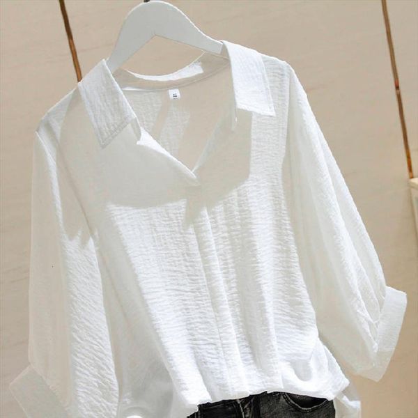 

summer korean style solid women shirts casual pullover turn down collar batwing sleeve ladies plus size clothing, White