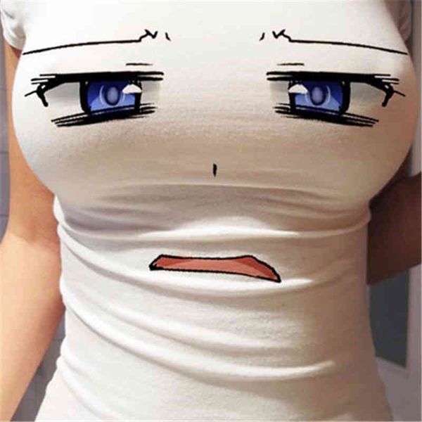 

women's 3d eye cartoon print et, short sve t-shirt, women's tight t-shirt, White