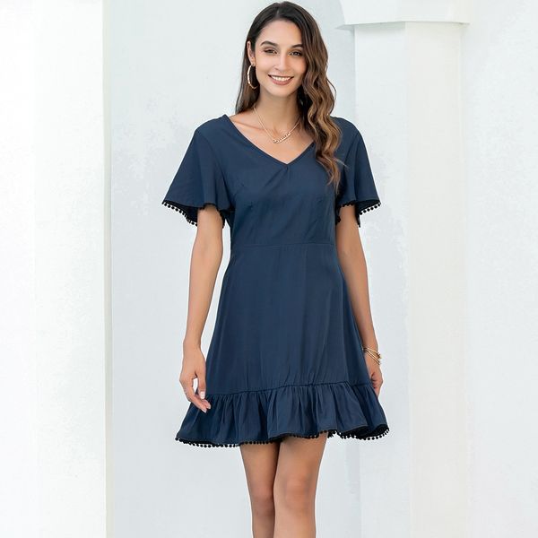 

summer women new solid color and v-neck backless lace up casual dress, Black;gray