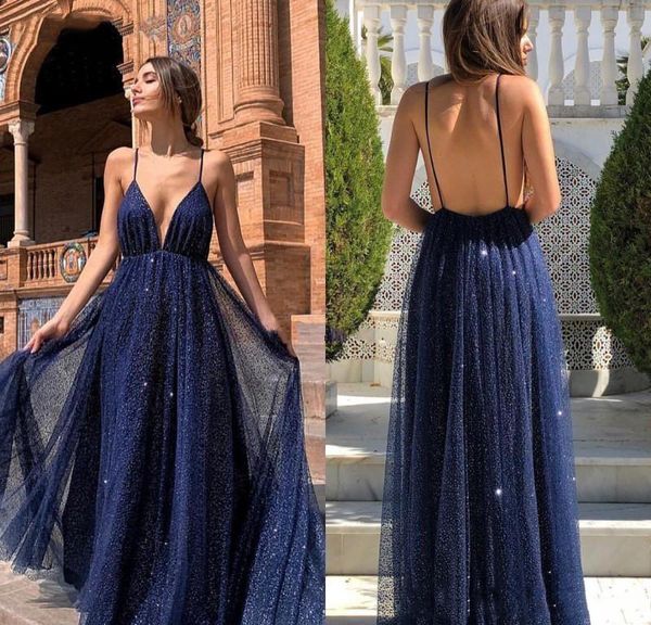 2021 Árabe Dubai Sparkly Sexy Marinho Azul A-Linha Vestidos De Prom Pescoço V-Pescoço V-Pescoço Lantejoulas Formal Vestidos De Partido Noite Ogunfre Robe de Soiree