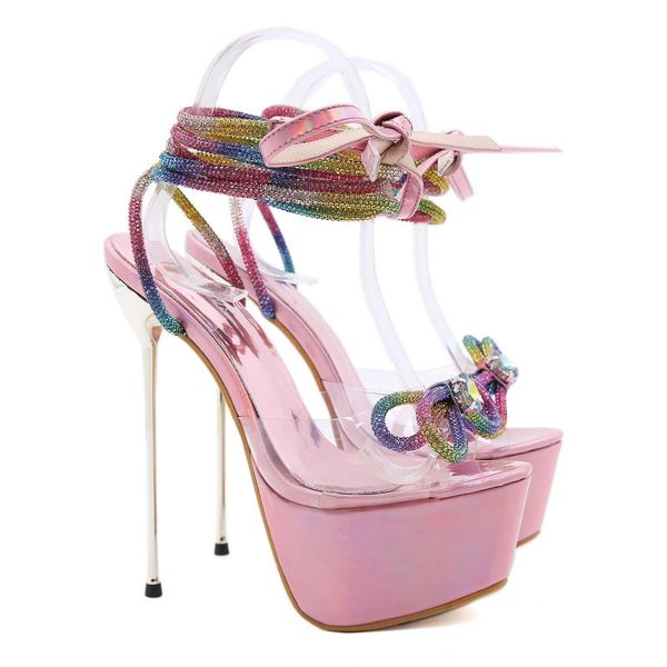 

sandals summer platform women's roman high heels open toe colorful diamond crystal clear nightclub wedding shoes, Black