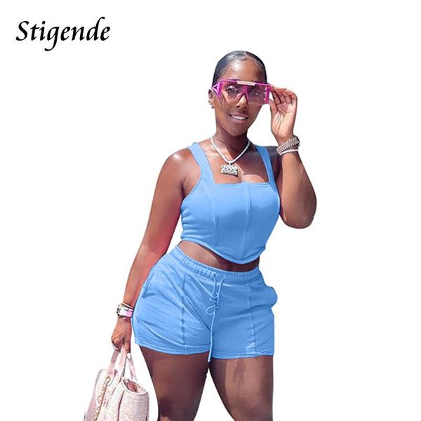 

women's tracksuits stigende solid color two piece short set women bandage 2 outfit lace up crop tank and drawstring pocket shorts, Gray