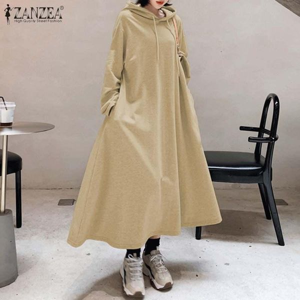 

casual dresses 2021 zanzea women hooded long sweatshirt dress autumn winter a-line maxi sundress sleeve vestido plus size, Black;gray