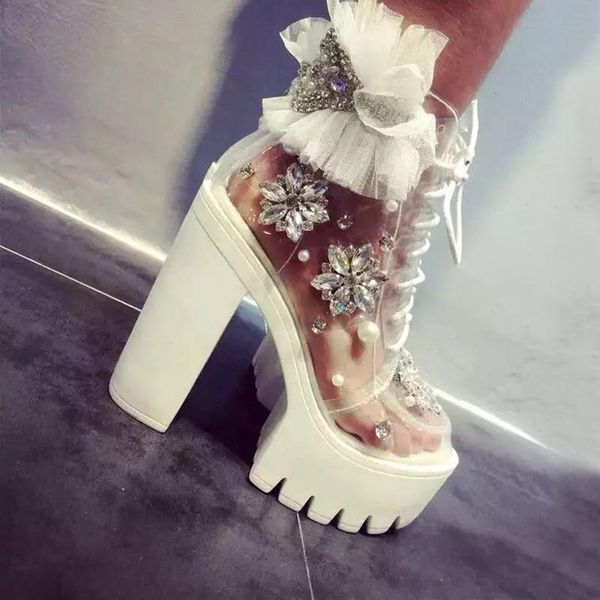 

boots woman thick heel transparent ankle sandal female lolita style rhinestone lace flowers up shoes white, Black