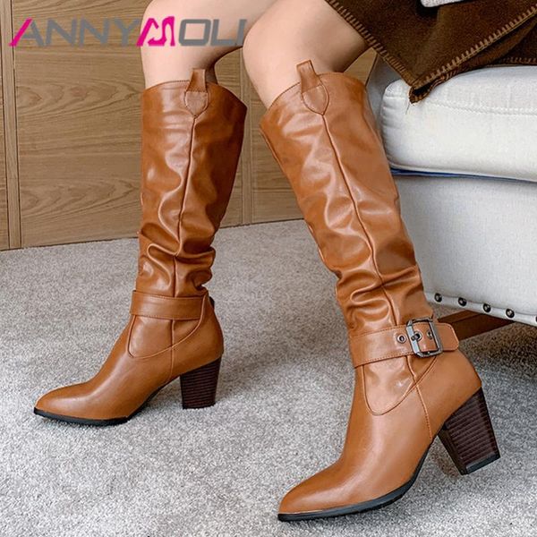 

boots annymoli pointed toe knee high woman heel western pleated thick long buckle female shoes white 33-46, Black