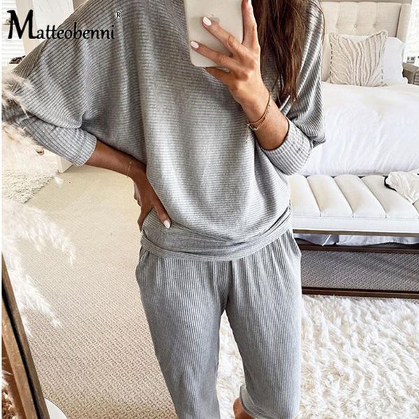 

2021 new women's long sleeve t-shirt and pants home wear casual outfits solid color tracksuit fall clothes knitted two piece set 5zg0, Gray