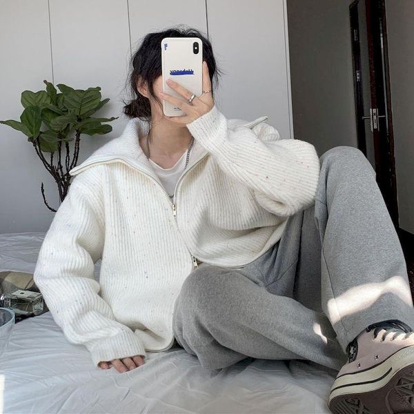 

women's jackets high neck loose knit cardigan jacket korean autumn winter retro niche design sense of lapel zipper sweater thickening, Black;brown