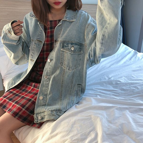 

women's jackets solid color vintage jean jacket for loose women jackets light blue pocket female jeans (f6398) u2pp, Black;brown