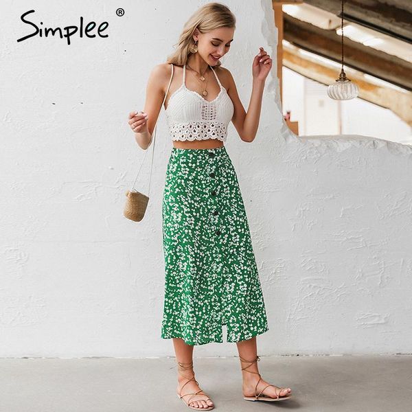 

skirts simplee buttons floral print women skirt high waist spring summer female midi holiday a-line ladies bottoms 2021, Black