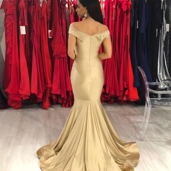 

gold off the shoulder long mermaid evening dresses short sleeve pleat simple satin formal prom gowns, Black;red