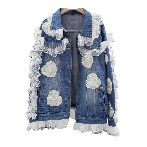 

women's jackets arrivals autumn denim coat white mesh ruffles patched jean jacket chaquetas para mujer love heart shaped beading women, Black;brown