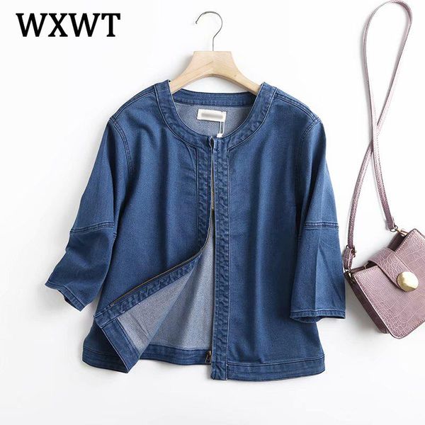 

women's jackets wxwt fashion women three quarter sleeve denim jacket spring o neck zipper casual coat chic xw602, Black;brown