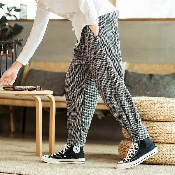 

men's pants mrgoldenbowl solid color straight harem chinese style man loose ankle-length trousers streetwear male casual, Black