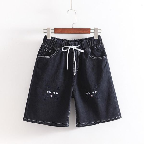 

women's shorts women denim elastic high tail wipe pipes cartoon cat casual losse blue jeans broek, White;black