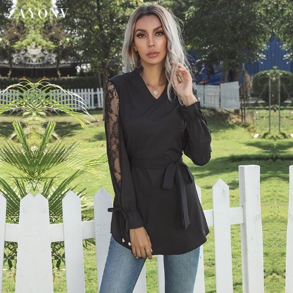 

women's t-shirt zayonv lace long sleeve stand collar v-neck loose bow tie casual summer tee, White