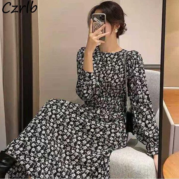 

casual dresses long sleeve women printing o-neck spring autumn inside tender female elegant temperament ladies trendy chiffon, Black;gray