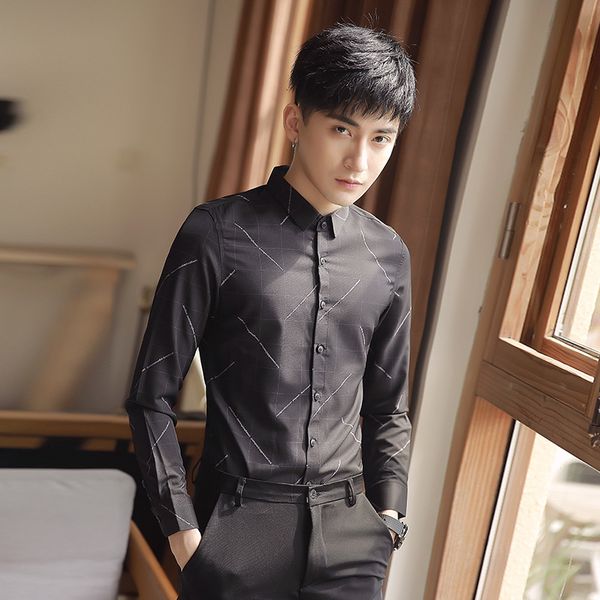 

britnico new estilo preto/branco manga longa camisa xadrez roupas masculinas simples fino ajuste formal usar blusa aory, Black;brown