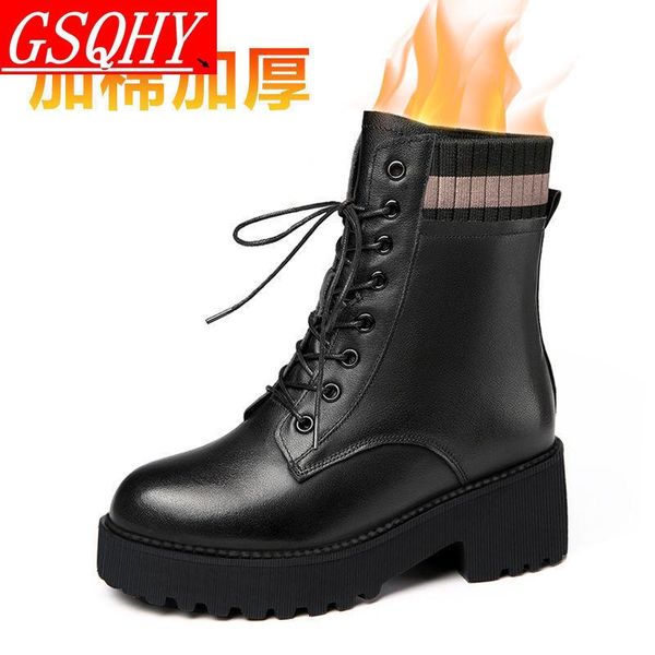 

boots 2021winter women lace-up shoes gothic thick-soled leather thick-heeled fashionable with cotton, Black