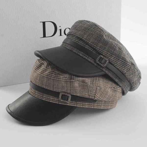

beret female autumn winter jacquard plaid belt decorative leather along military hat british tongue, Blue;gray