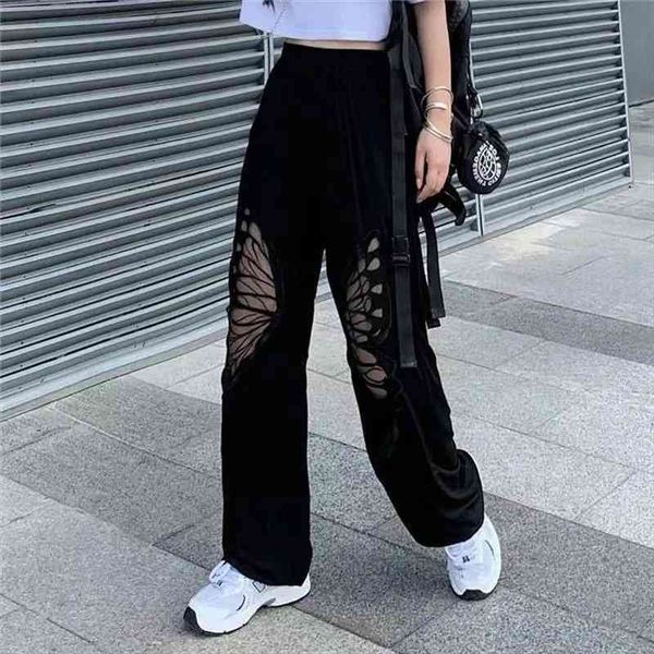 

oversize butterfly hollow out women pant streetwear straight trousers korean gothic harajuku aesthetic high waist pants female, Black;white