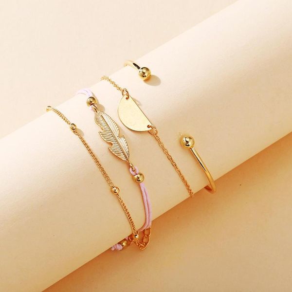 

link, chain 4pcs boho charm feather bangles bracelet set retro simple alloy for women pulseira geometric fashion party jewelry, Black