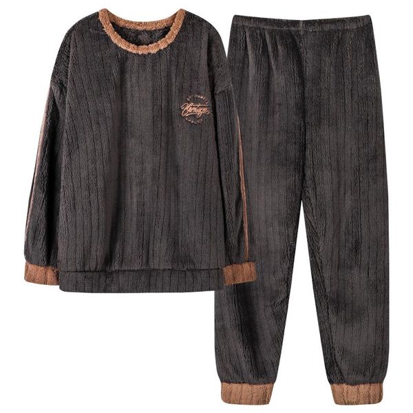

men's sleepwear winter velvet men pajamas thick warm mens nighty set long sleeve round neck loose soft plus size male lounge homewear, Black;brown