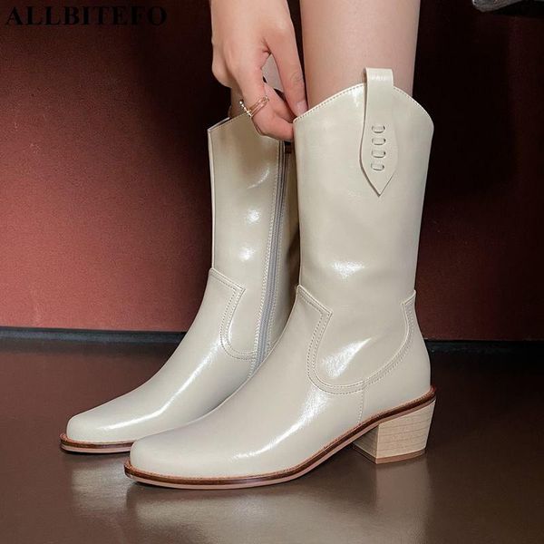 

boots allbitefo size 34-43 round toe thick heel soft genuine leather ankle street fashion women shoes heels, Black