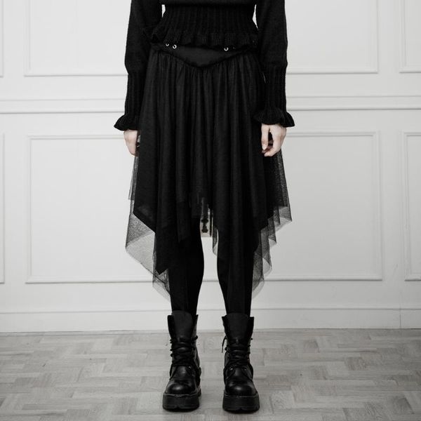 

skirts punk rave women eyelet tie rope mesh half skirt high waist double-layer asymmetric hem casual, Black