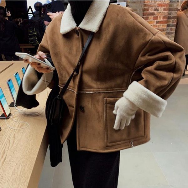 

women's wool & blends deat 2021 korean fashion contrast color single breasted warm fur loose thin coat autumn and winter 7i5213, Black
