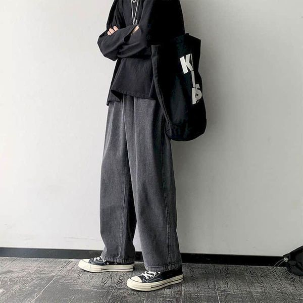 

retro washed jeans men's loose straight leg student korean trend wide-legged feeling mopping old daddy trousers high streetwear, Blue