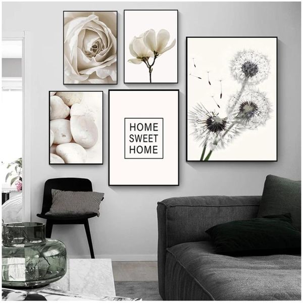 

paintings and prints plant wall pictures for living room decor white rose flower feather dandelion art canvas painting nordic posters