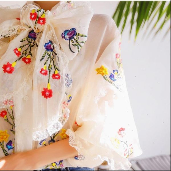 

women blouse embroidery floral blouses long lantern sleeve loose casual elegant ladies sweety big bows blouse ns858, White