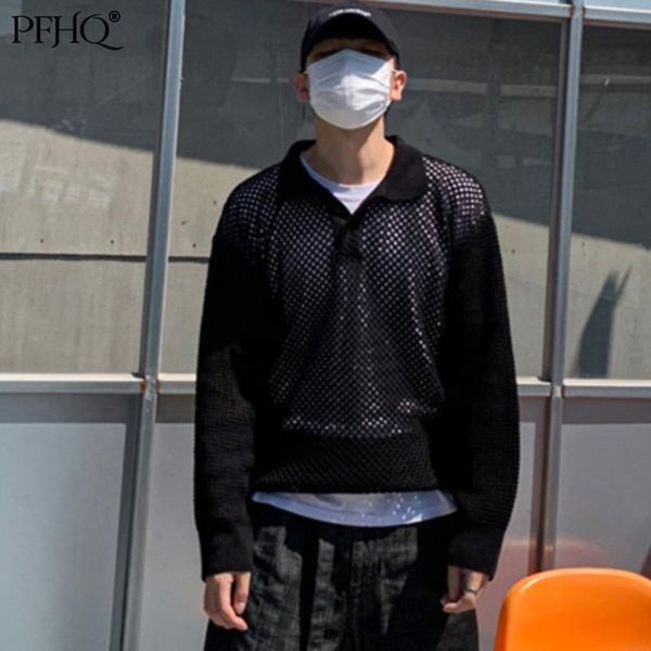 

men's sweaters pfhq men hollow out thin 2021 sweater simple loose lapel pullovers black micro perspective clothes ins trends 21d90, White;black
