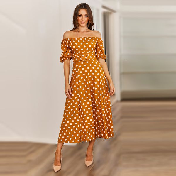 

summer elegant women's off the shoulder polka dot 2021 new ladies slash neck short sleeve high waist sashes mid-calf lztd, Black;gray