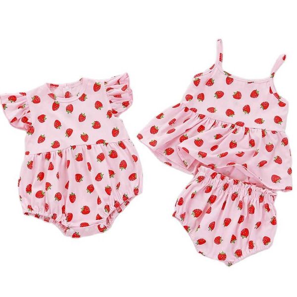 Morango Impressão Infantil Romper Twin Terno Bebê Roupas Verão Verão Doce Doce Bonito Vestido + PPK Calças Briefs Set Toddler Kids Roupas Q0716